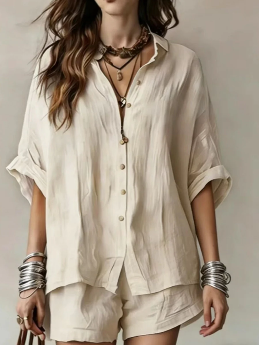 Blended Loose-fit Mid-length Sleeves Shirts Shorts Set 2-piece Sets - Image 4