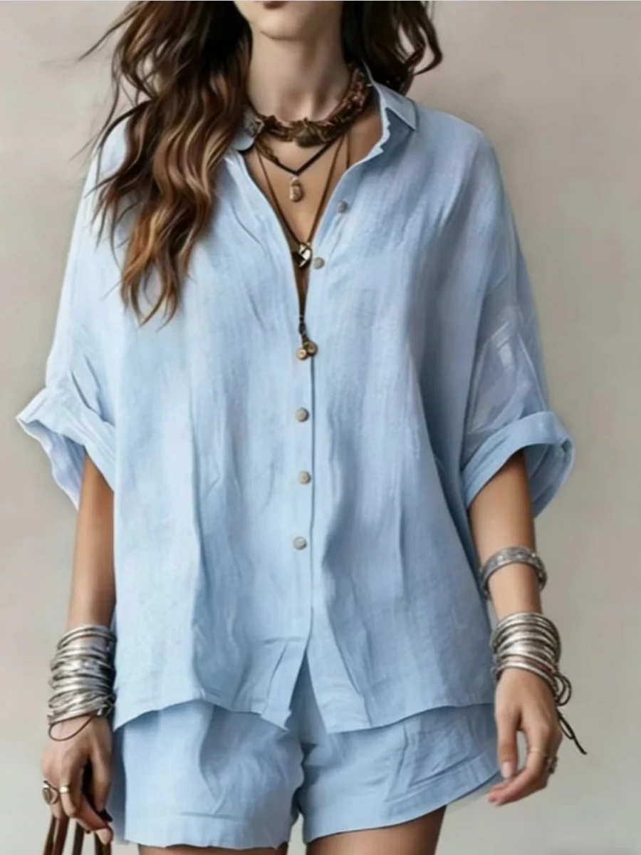 Blended Loose-fit Mid-length Sleeves Shirts Shorts Set 2-piece Sets - Image 5