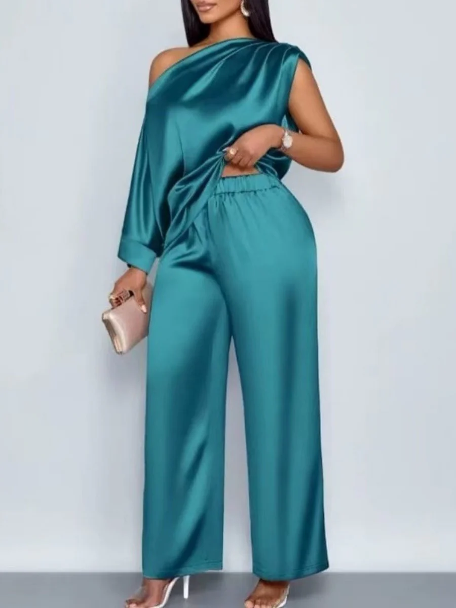 Satin Sloping Shoulders Short Sleeve Jacket Wide-leg Pants Set 2-piece Sets
