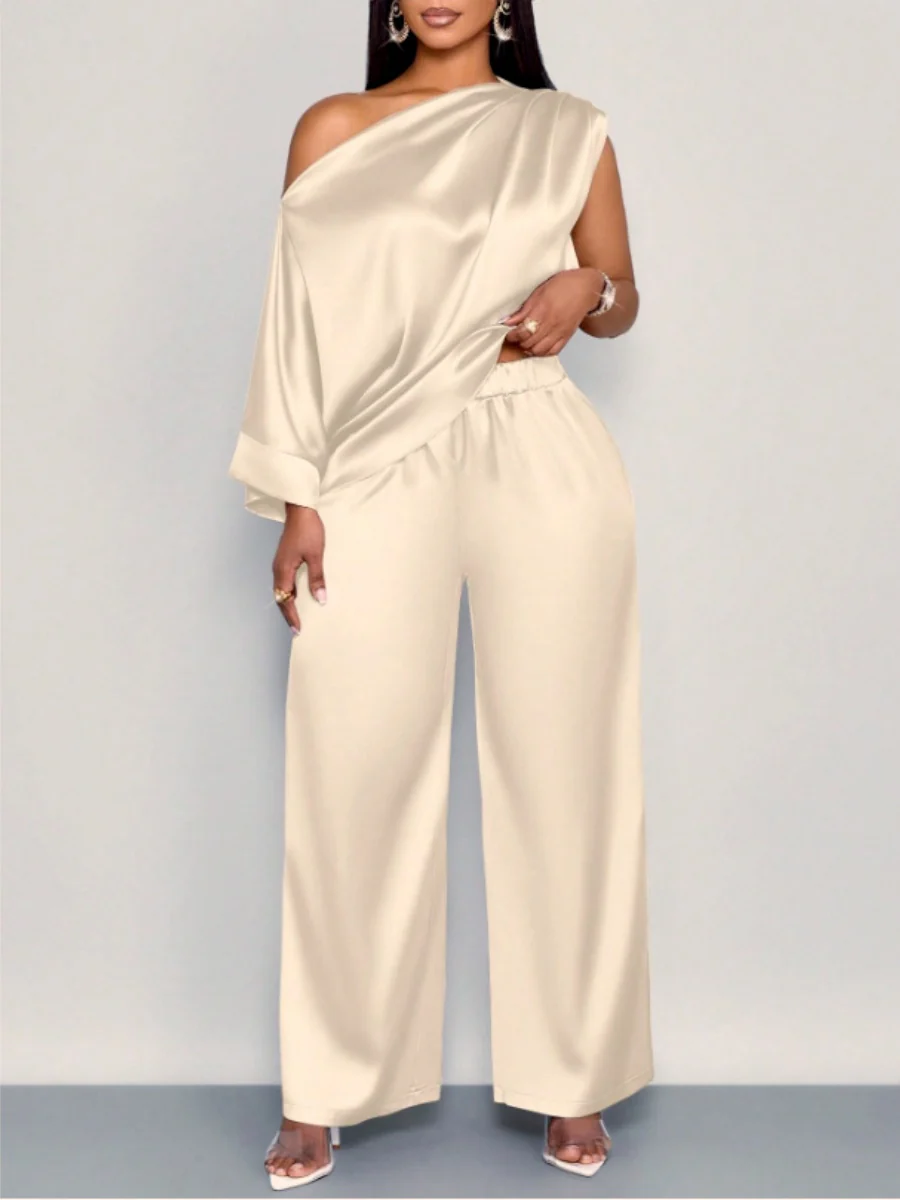 Satin Sloping Shoulders Short Sleeve Jacket Wide-leg Pants Set 2-piece Sets - Image 2