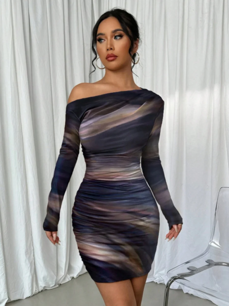 Pleated Slim-fit Hip-hugging Slant Collar Printed Mini&Short Dresses