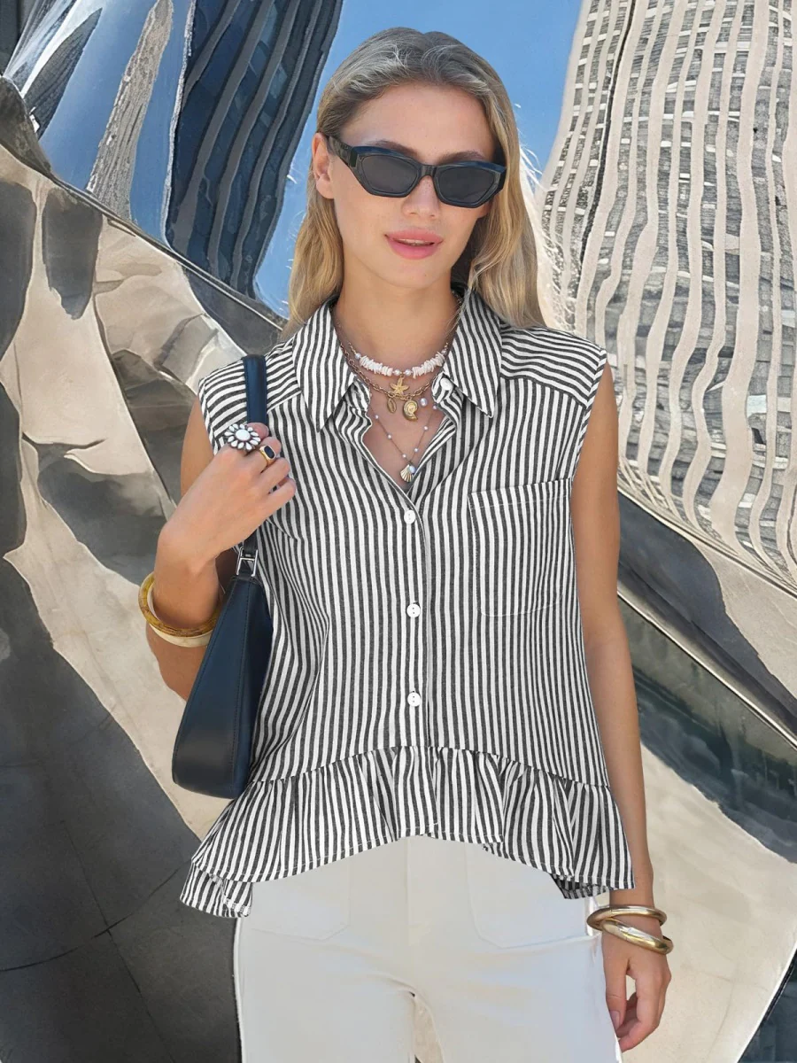 Stripes Sleeveless Shirts Loose-fit Commuting Tank Tops - Image 10