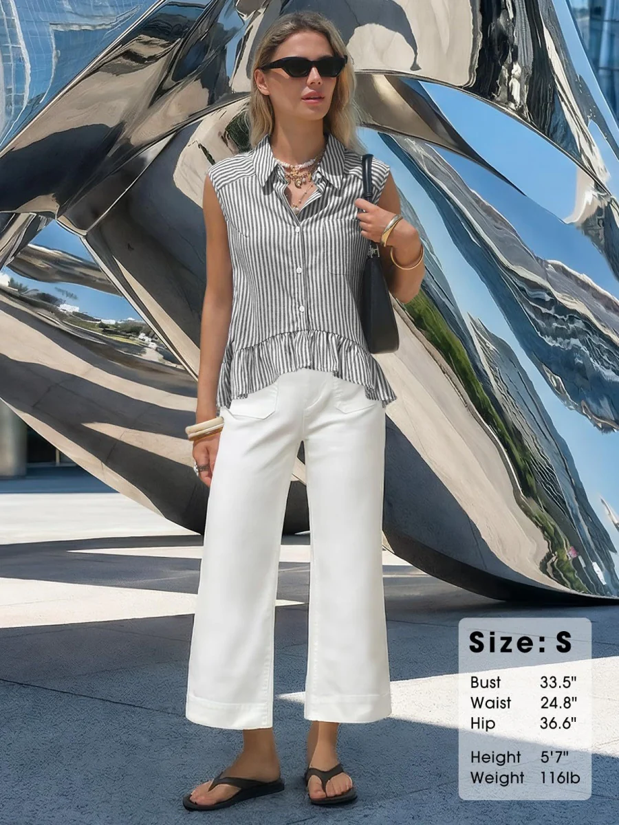 Stripes Sleeveless Shirts Loose-fit Commuting Tank Tops - Image 11