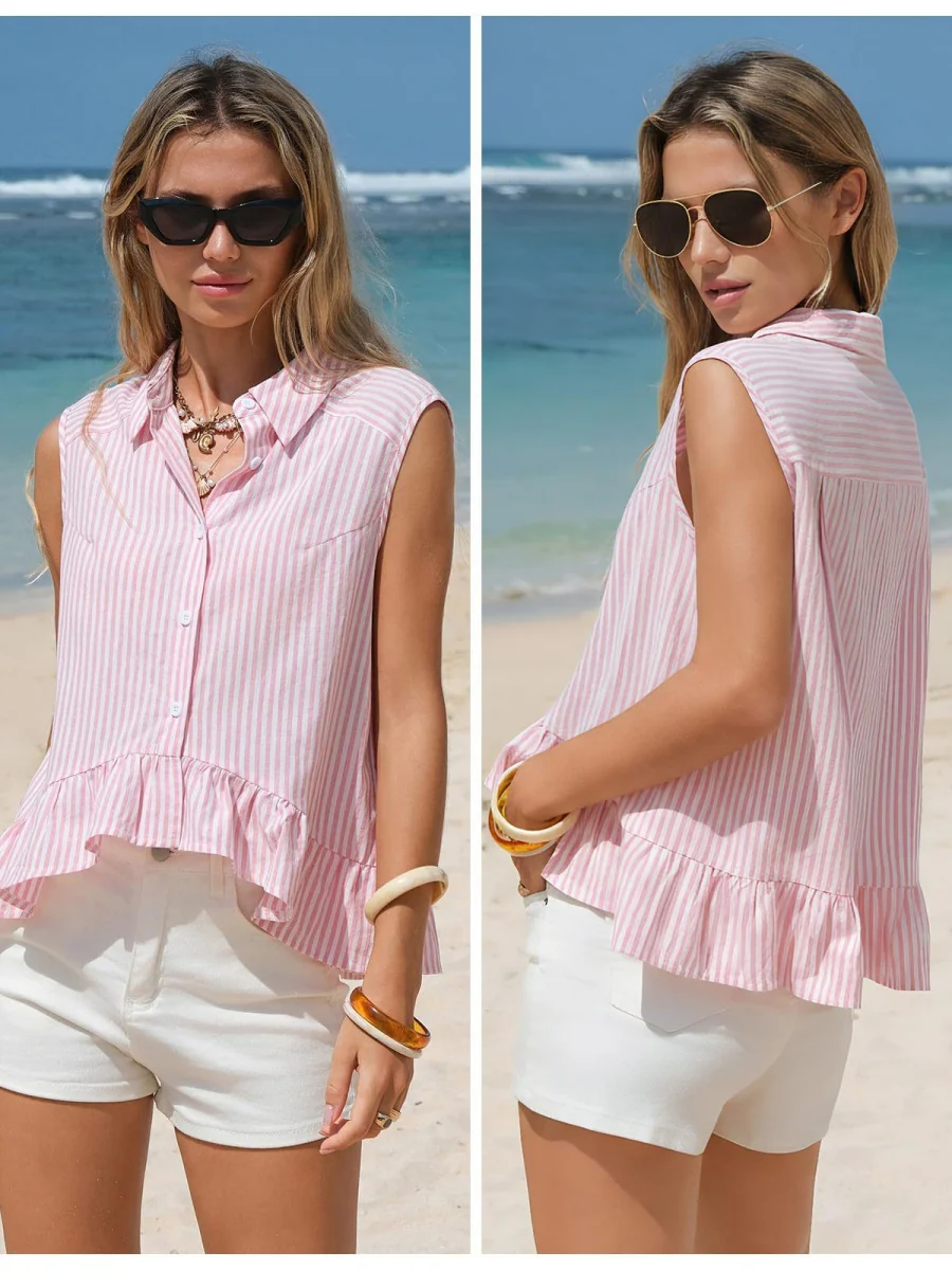 Stripes Sleeveless Shirts Loose-fit Commuting Tank Tops - Image 3