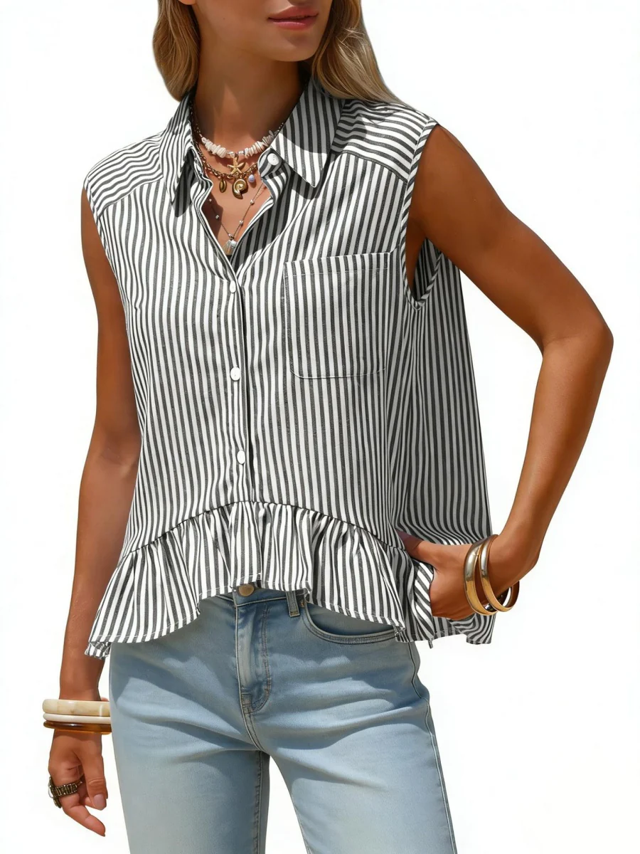 Stripes Sleeveless Shirts Loose-fit Commuting Tank Tops - Image 8