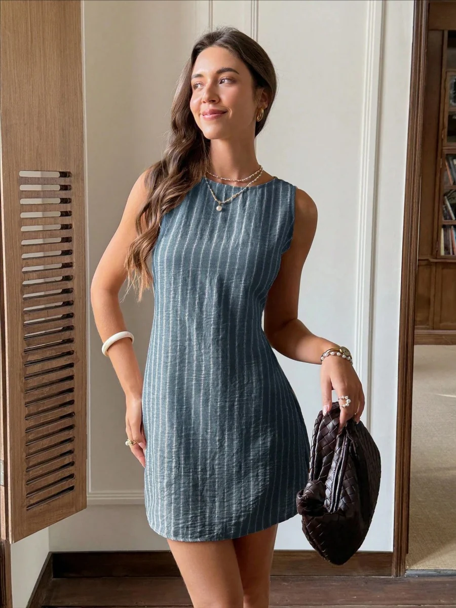 Stripes Sleeveless Crew Neck Commuting Temperament Mini&Short Dresses - Image 13