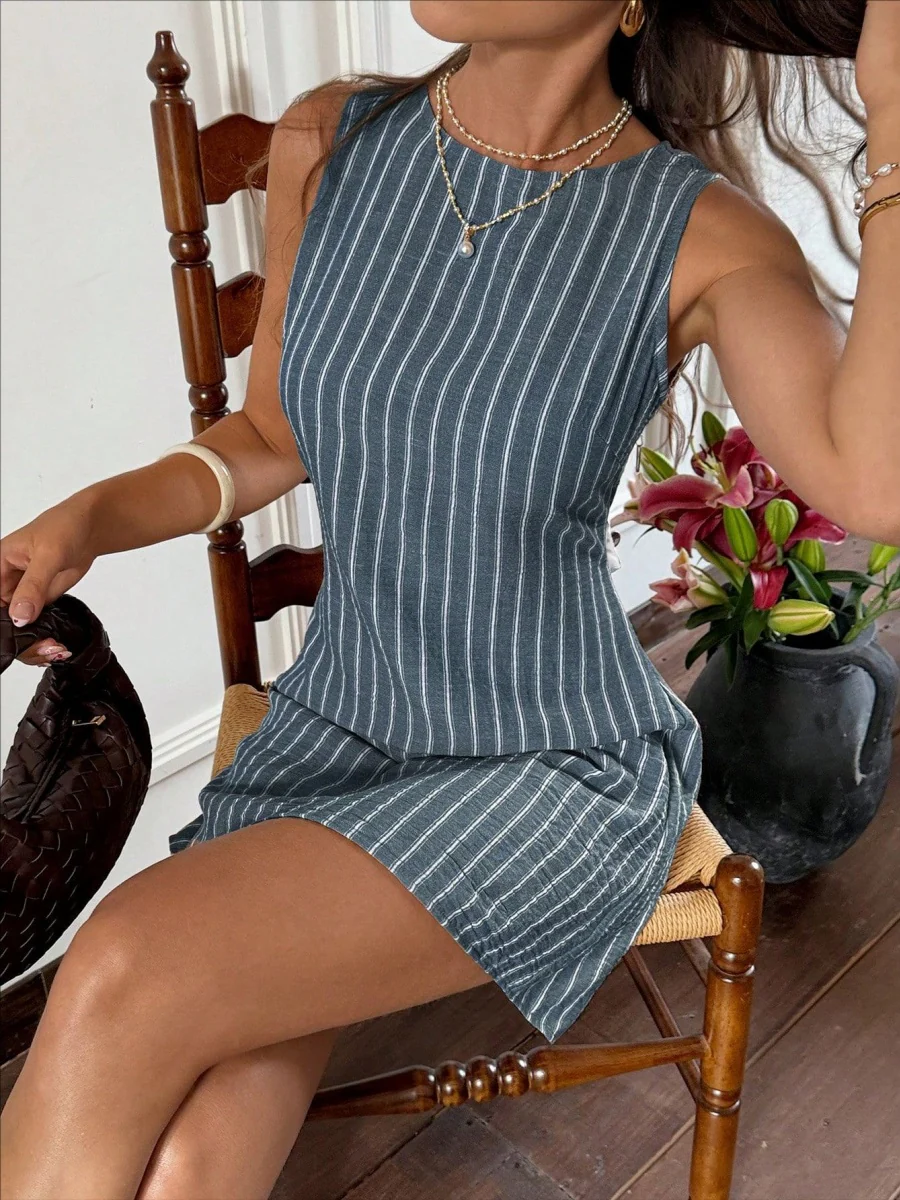 Stripes Sleeveless Crew Neck Commuting Temperament Mini&Short Dresses - Image 14