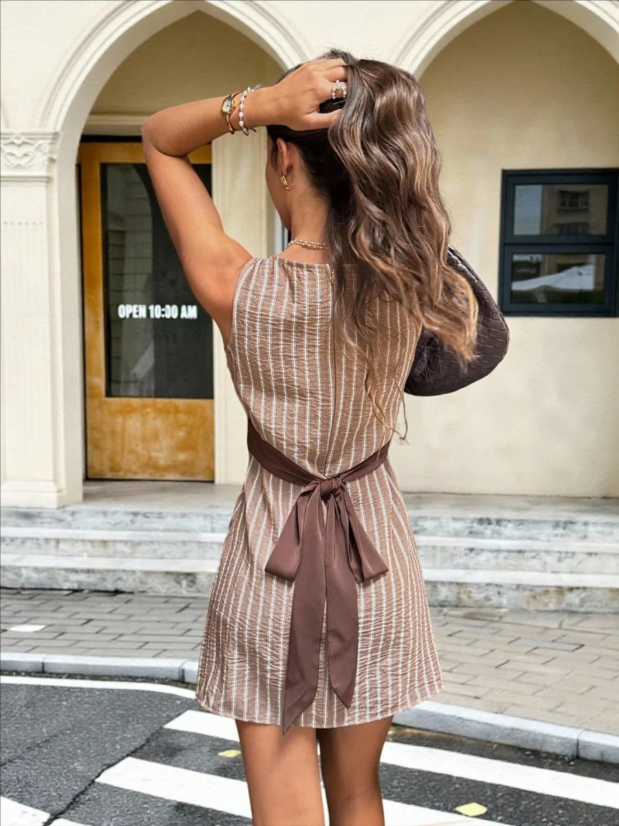 Stripes Sleeveless Crew Neck Commuting Temperament Mini&Short Dresses - Image 2