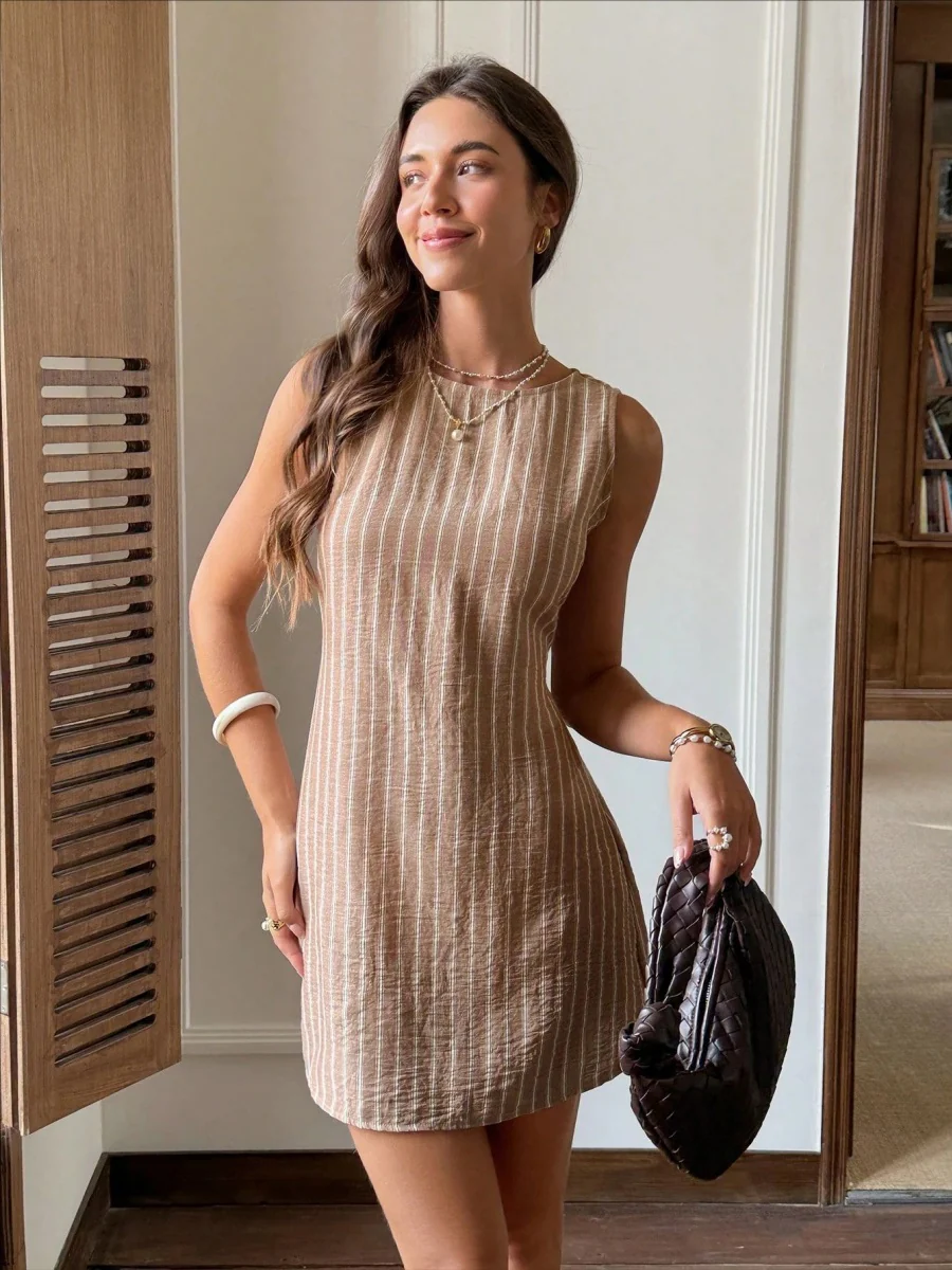 Stripes Sleeveless Crew Neck Commuting Temperament Mini&Short Dresses - Image 3