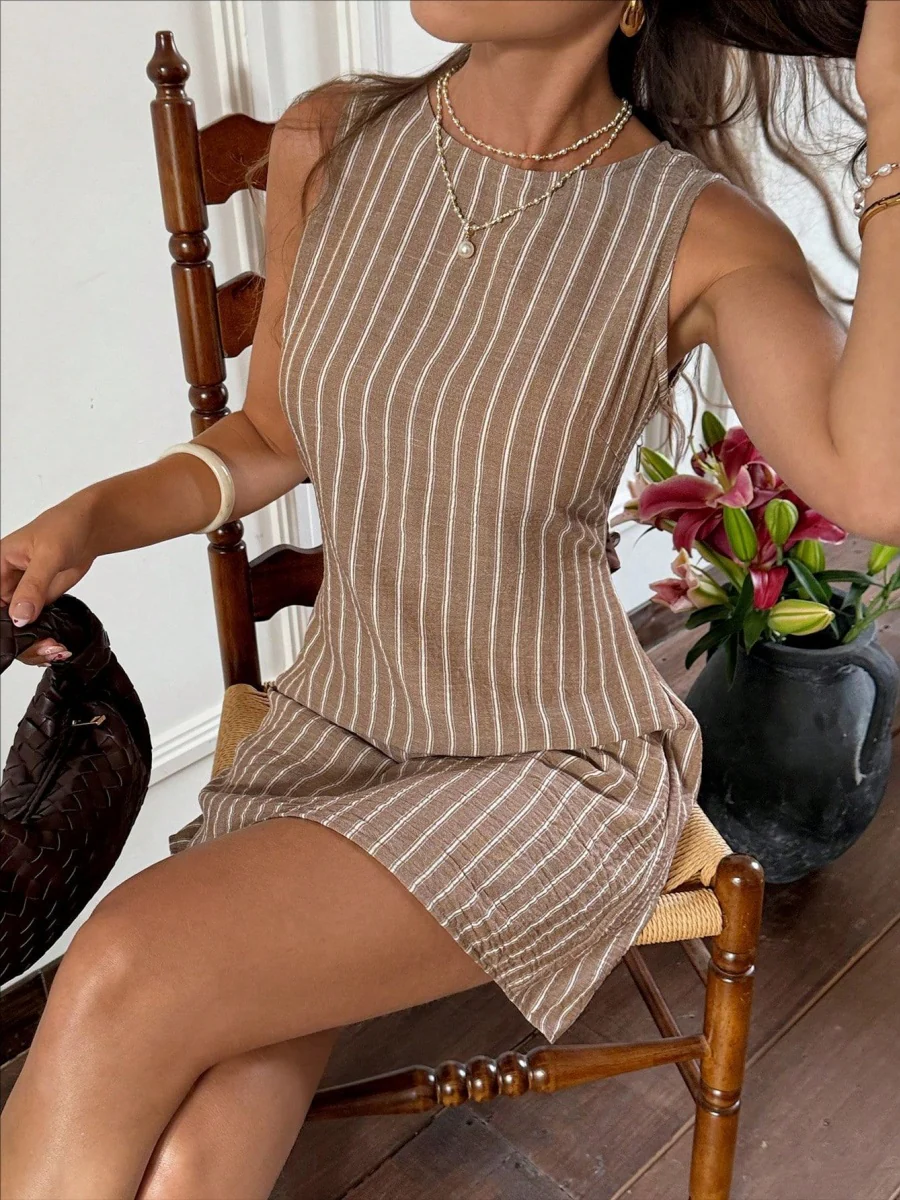 Stripes Sleeveless Crew Neck Commuting Temperament Mini&Short Dresses - Image 4