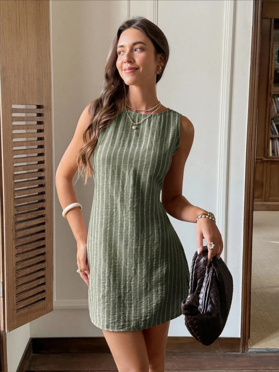 Stripes Sleeveless Crew Neck Commuting Temperament Mini&Short Dresses - Image 8