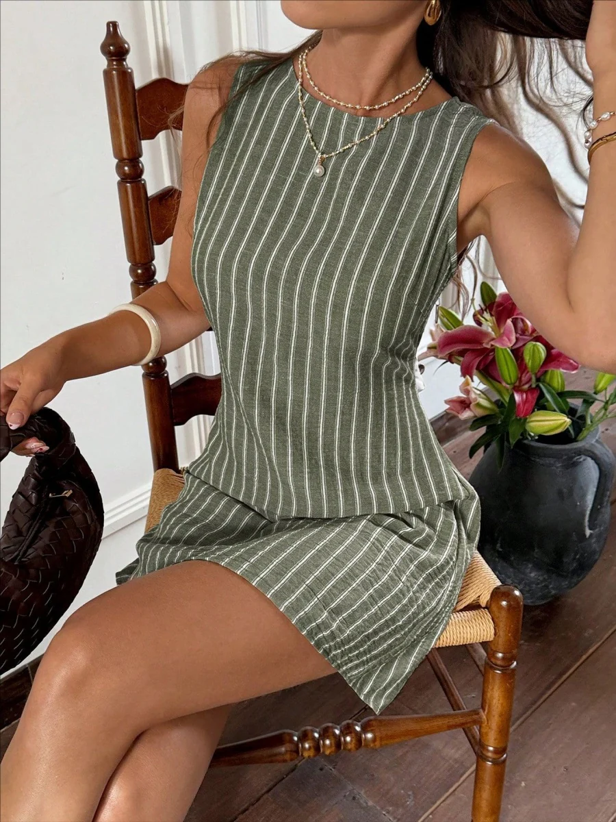 Stripes Sleeveless Crew Neck Commuting Temperament Mini&Short Dresses - Image 9