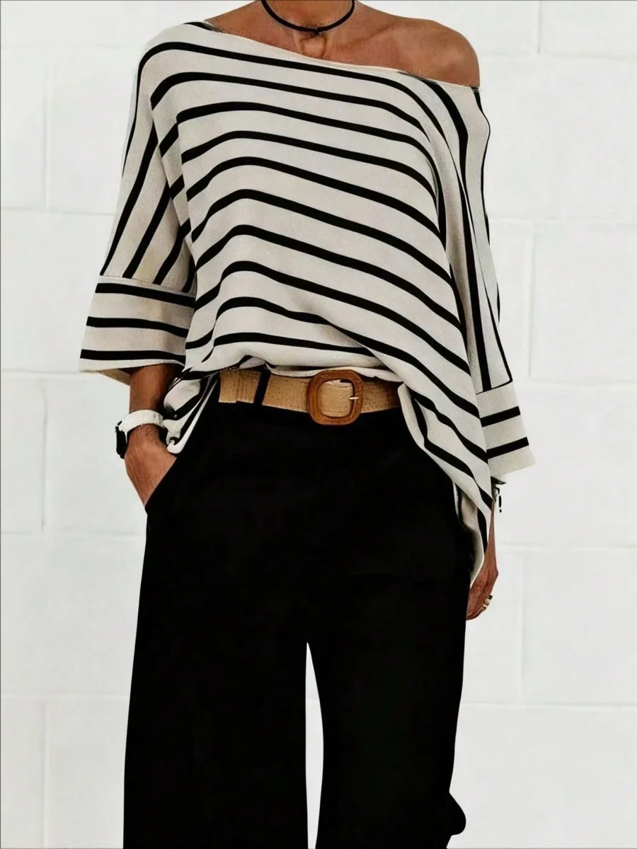 Off-shoulder Sloping Shoulders Loose-fit Stripes Commuting T-shirts - Image 2
