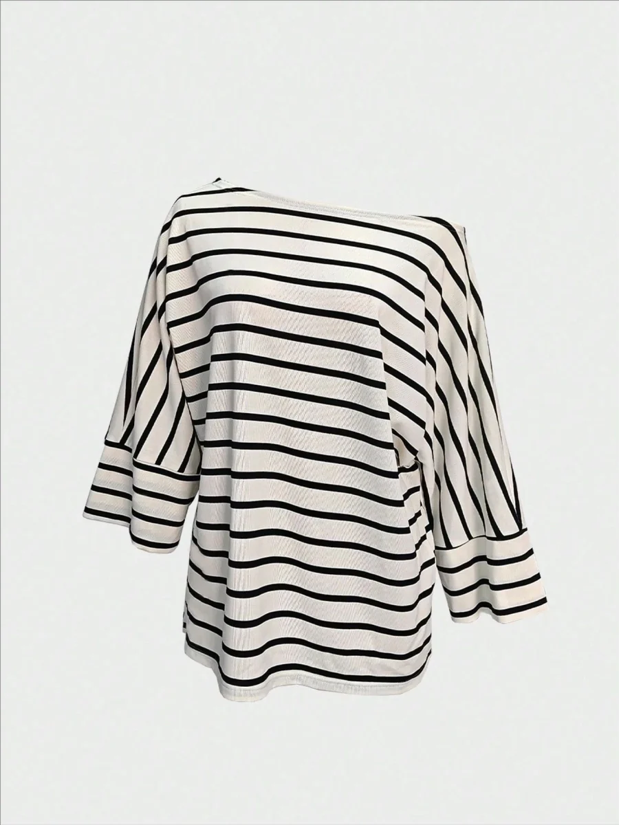 Off-shoulder Sloping Shoulders Loose-fit Stripes Commuting T-shirts - Image 3