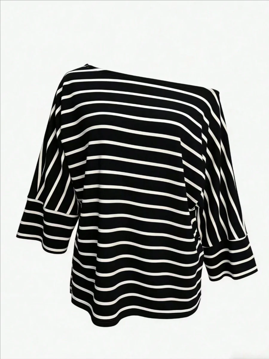 Off-shoulder Sloping Shoulders Loose-fit Stripes Commuting T-shirts - Image 6