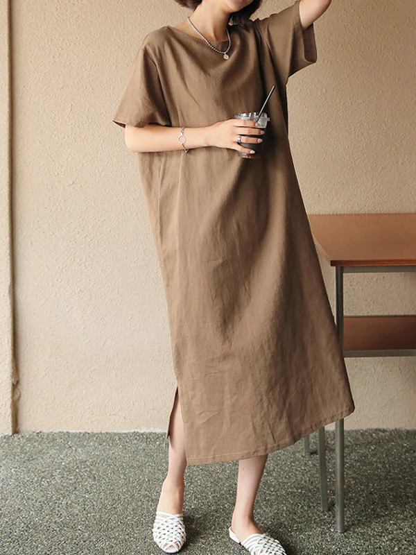 Pure Cotton Solid Color Short-sleeved Midi Dress With Slit