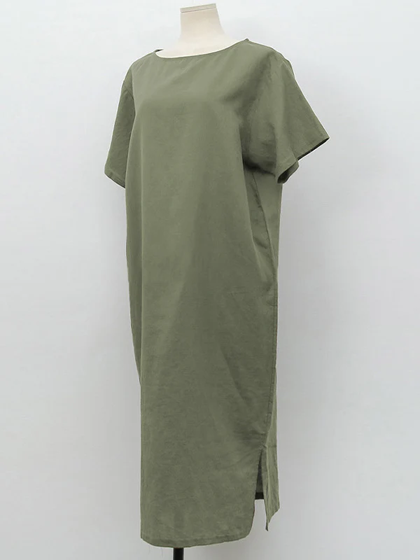 Pure Cotton Solid Color Short-sleeved Midi Dress With Slit - Image 10