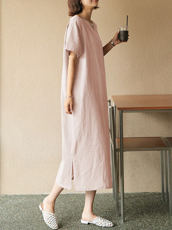 Pure Cotton Solid Color Short-sleeved Midi Dress With Slit - Image 3