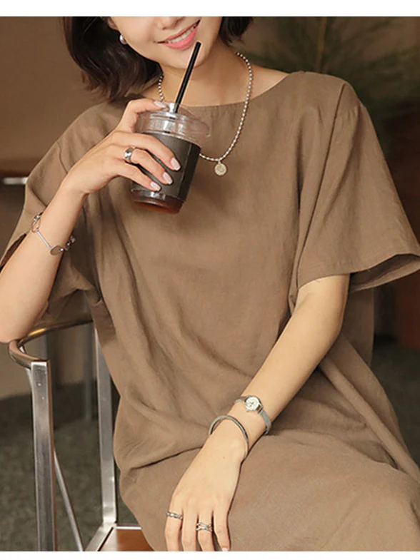 Pure Cotton Solid Color Short-sleeved Midi Dress With Slit - Image 5