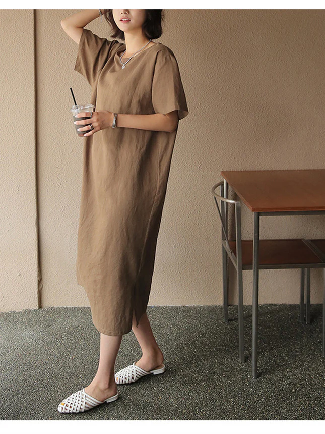 Pure Cotton Solid Color Short-sleeved Midi Dress With Slit - Image 6