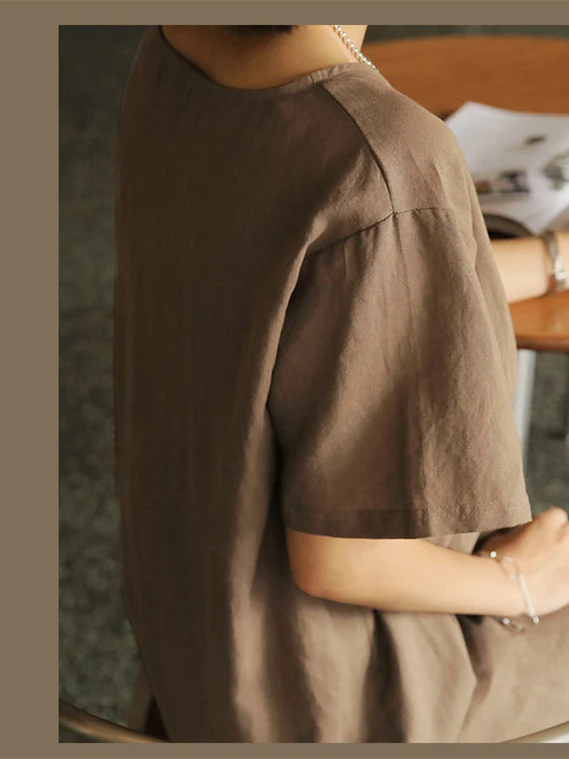 Pure Cotton Solid Color Short-sleeved Midi Dress With Slit - Image 7