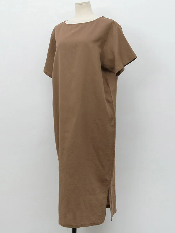 Pure Cotton Solid Color Short-sleeved Midi Dress With Slit - Image 8