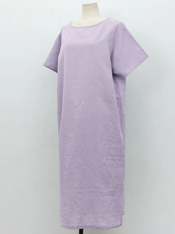 Pure Cotton Solid Color Short-sleeved Midi Dress With Slit - Image 9