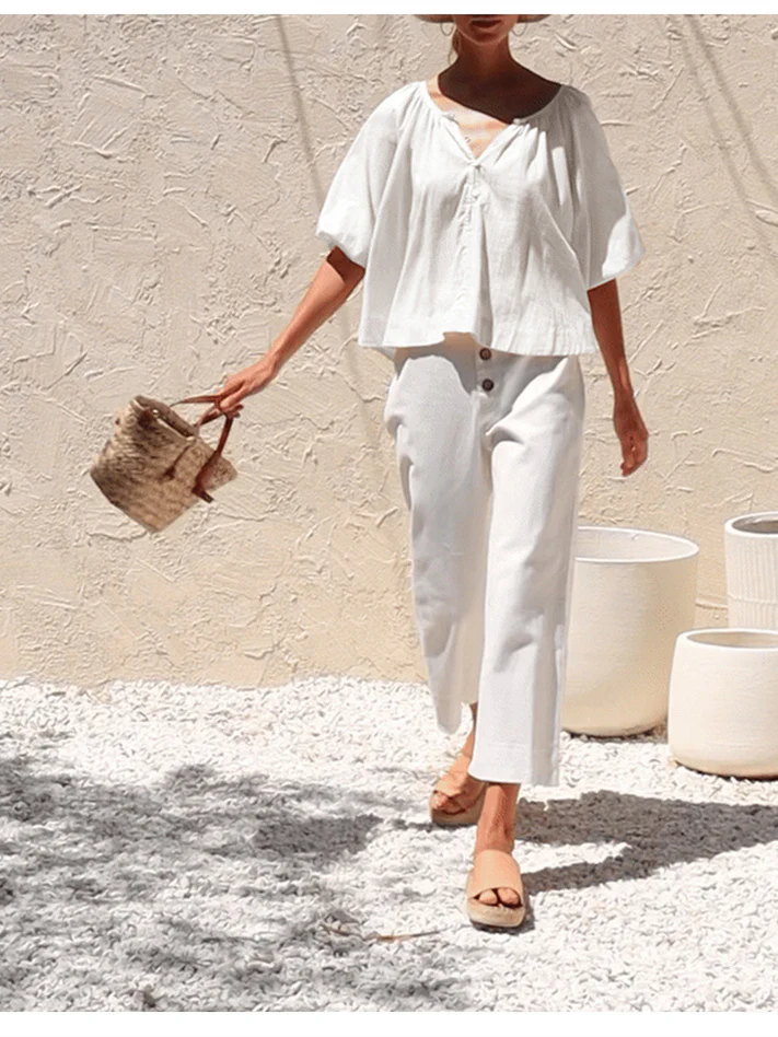 Basic Cotton Short-sleeved Sheer Chiffon Casual Top - Image 3