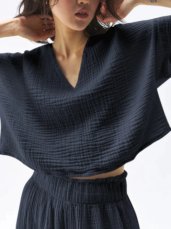Loose-fitting, Slimming, Solid Color, Pleated Cotton T T-shirt - Image 11