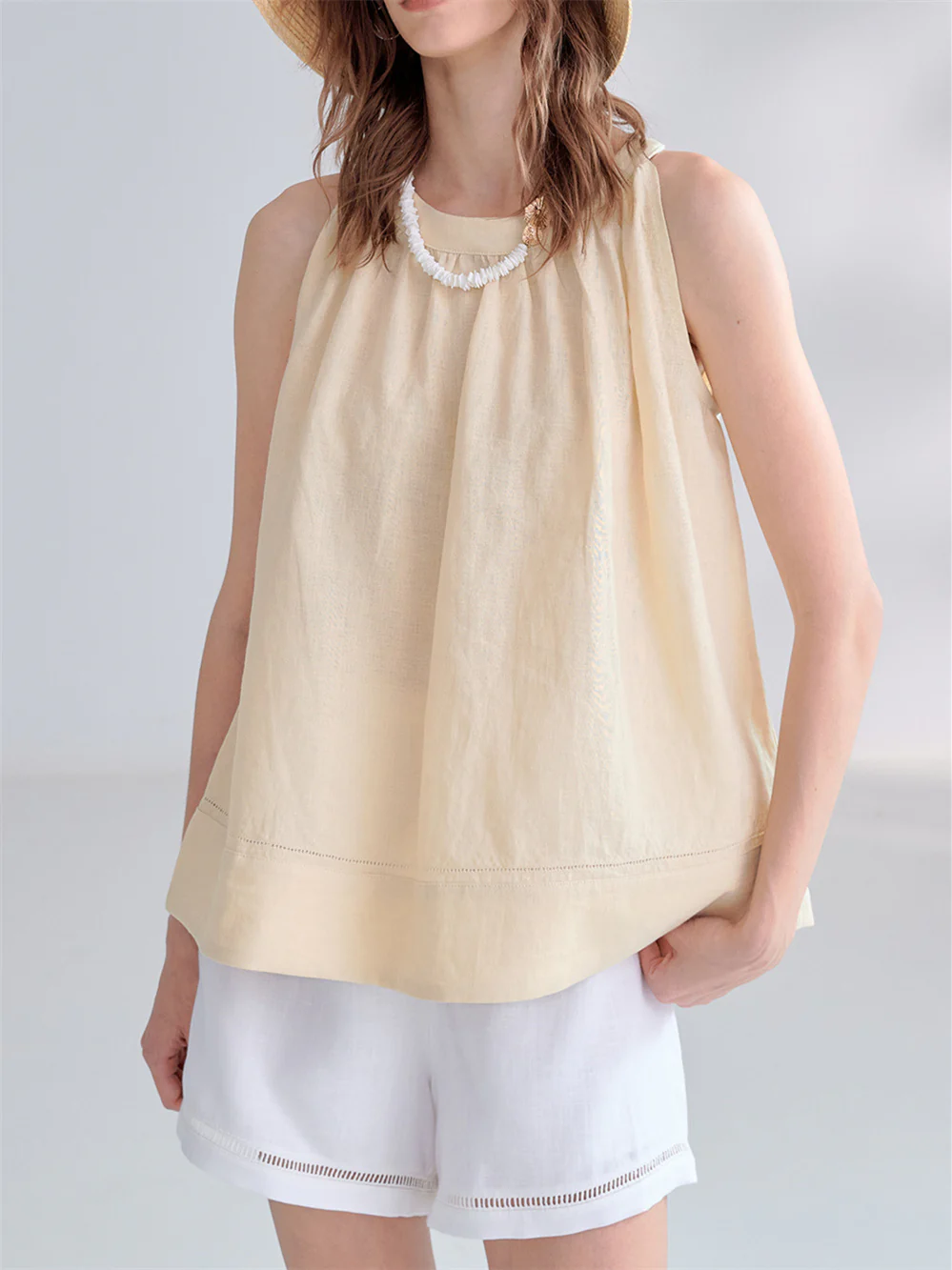 Textured Linen Off-shoulder Slim Fit Non-elastic Camisole - Image 5