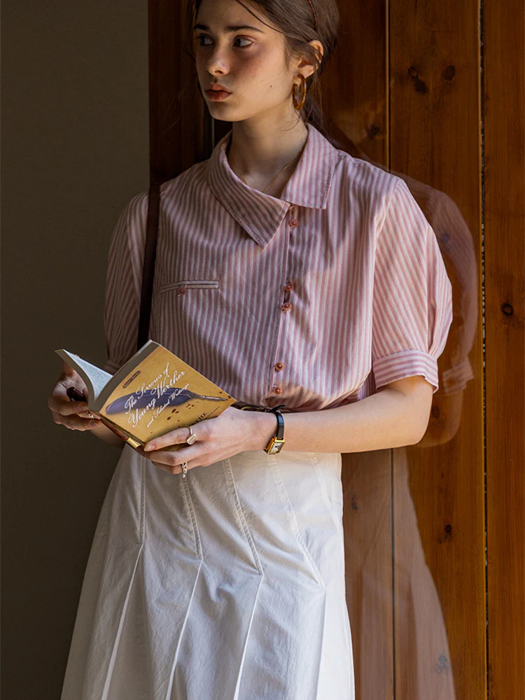 Cool Tencel Striped Collared Chiffon Blouse - Image 7