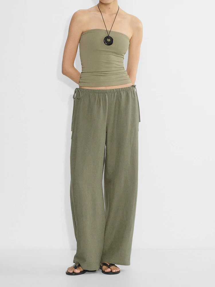 Linen Solid Color Crisscross Strap Non-stretch Loose Trousers - Image 3