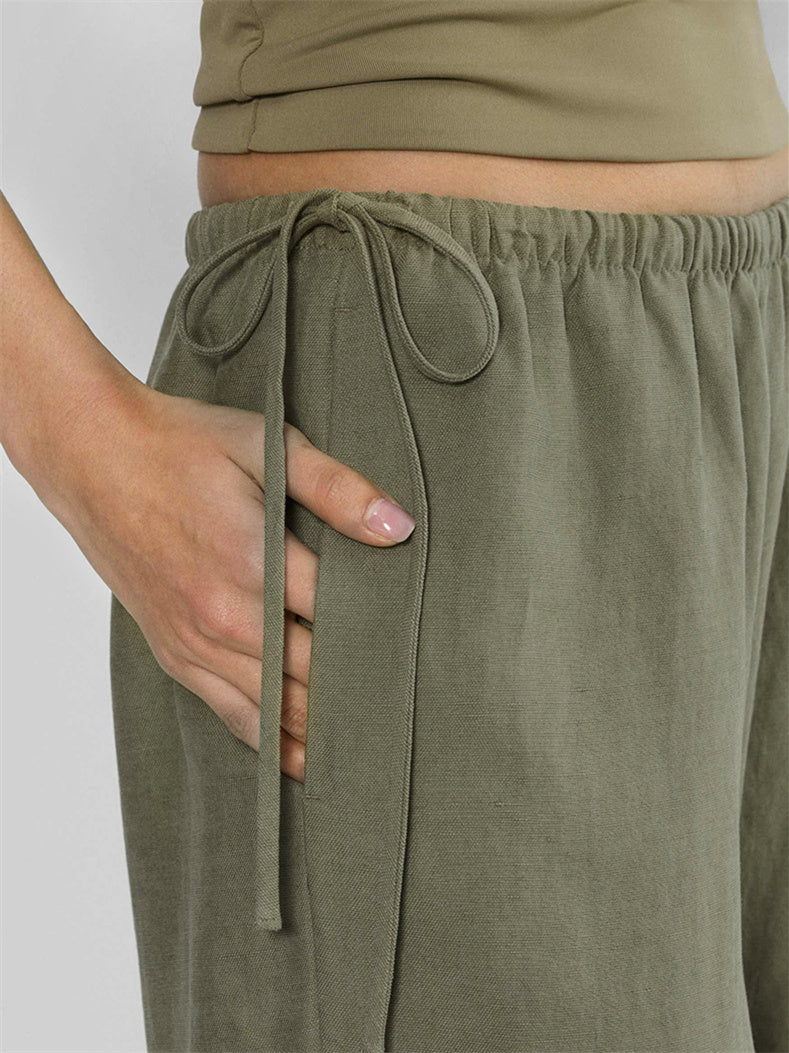 Linen Solid Color Crisscross Strap Non-stretch Loose Trousers - Image 5