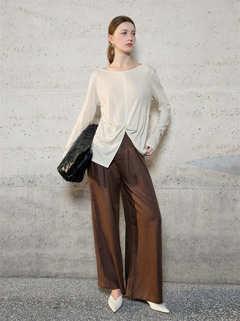 Linen Solid Color Long-sleeved Split Mesh See-through Top - Image 10