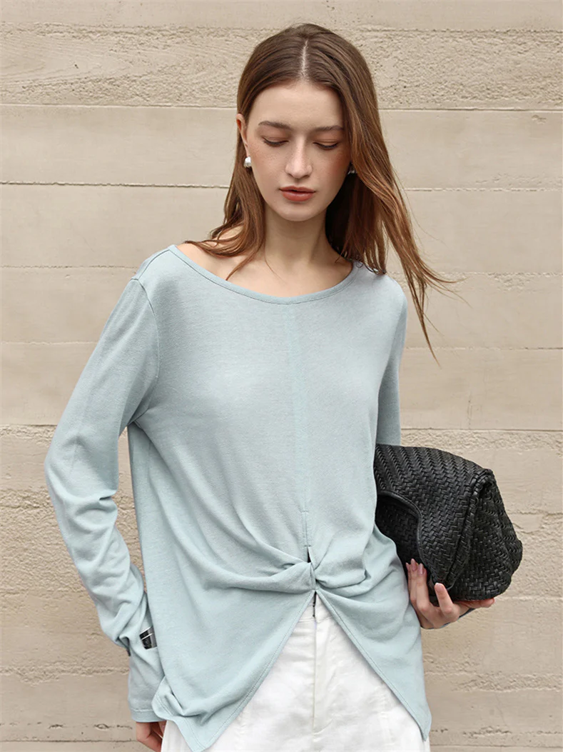 Linen Solid Color Long-sleeved Split Mesh See-through Top - Image 11