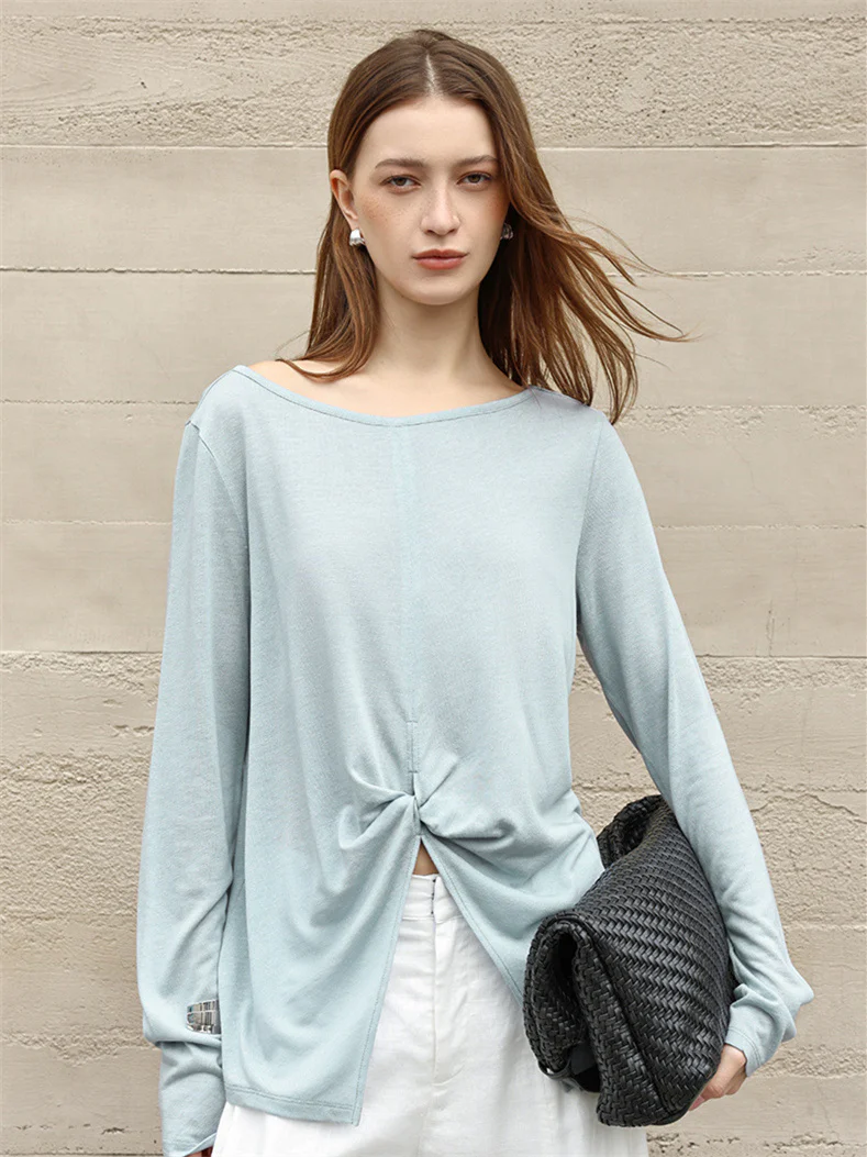 Linen Solid Color Long-sleeved Split Mesh See-through Top - Image 12