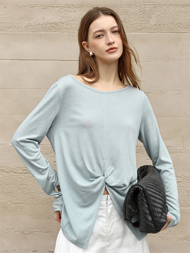 Linen Solid Color Long-sleeved Split Mesh See-through Top - Image 13