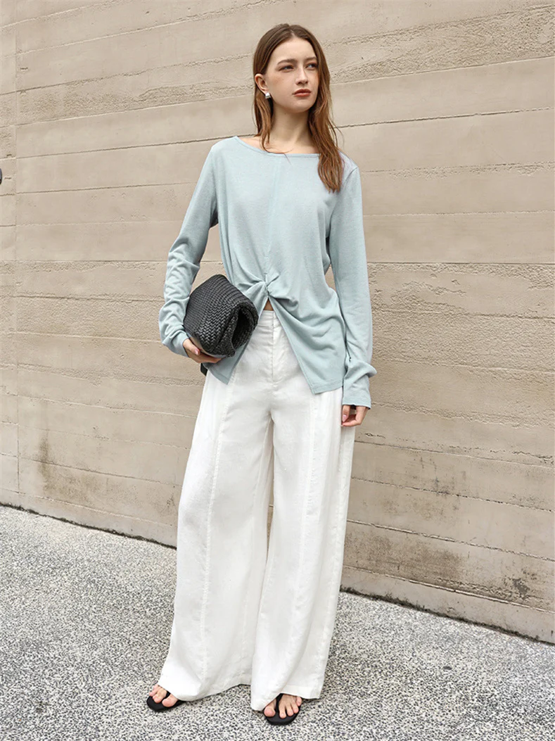 Linen Solid Color Long-sleeved Split Mesh See-through Top - Image 15