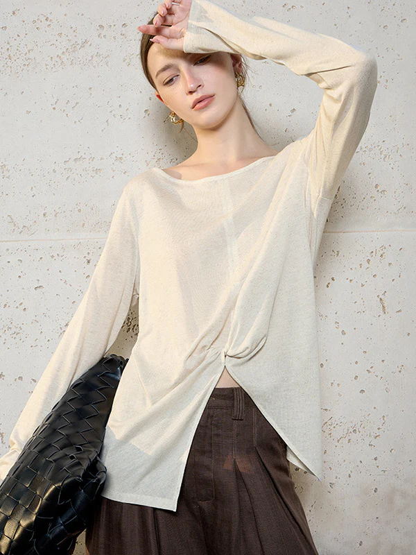 Linen Solid Color Long-sleeved Split Mesh See-through Top - Image 17