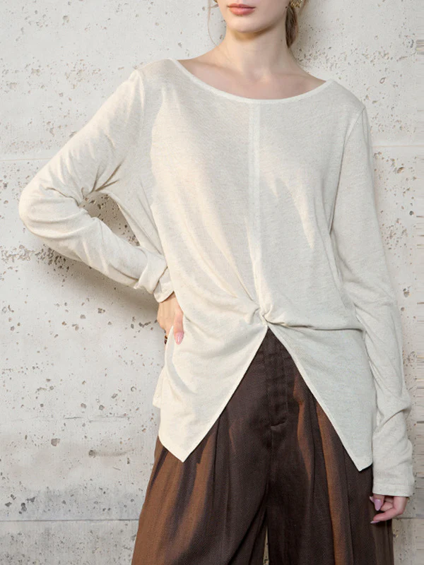 Linen Solid Color Long-sleeved Split Mesh See-through Top - Image 2