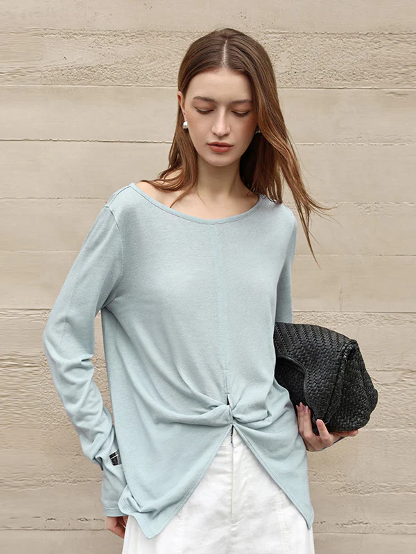 Linen Solid Color Long-sleeved Split Mesh See-through Top - Image 3