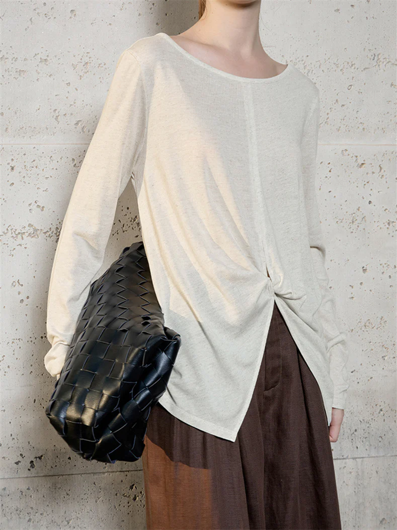 Linen Solid Color Long-sleeved Split Mesh See-through Top - Image 5