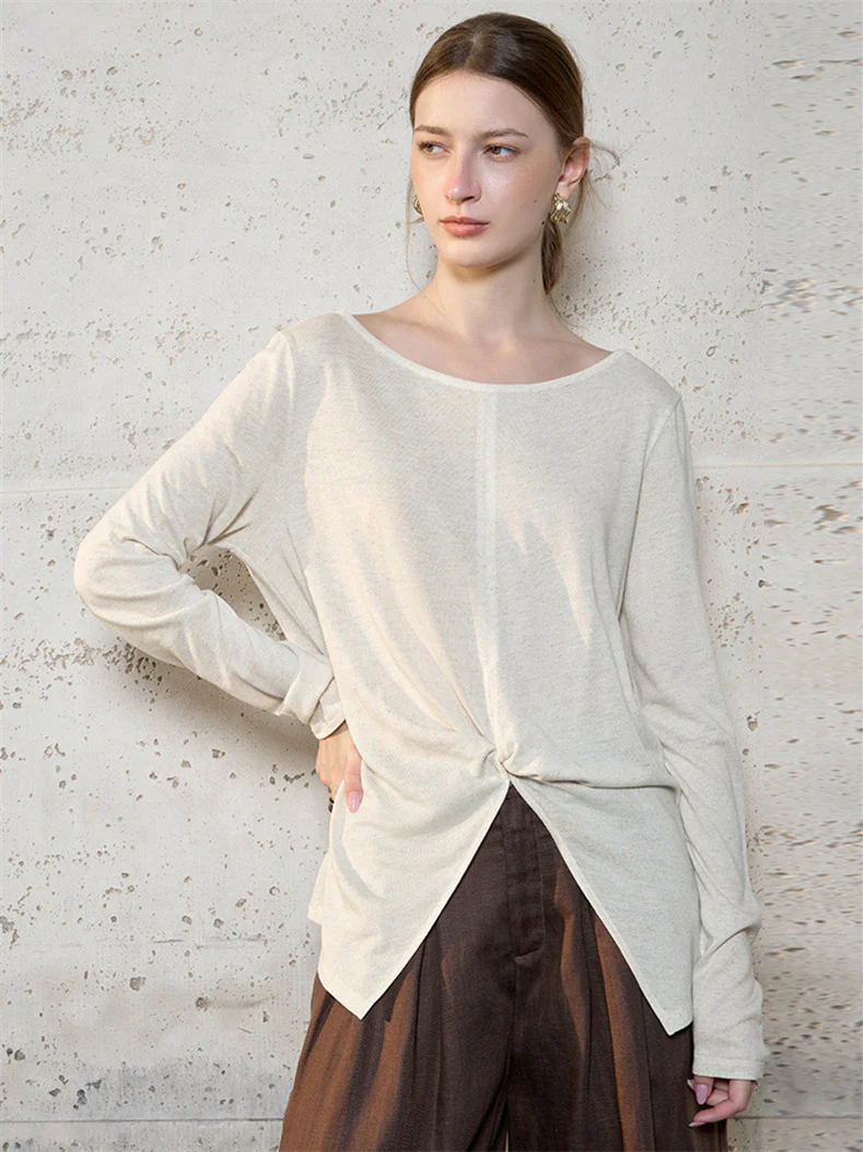 Linen Solid Color Long-sleeved Split Mesh See-through Top - Image 6