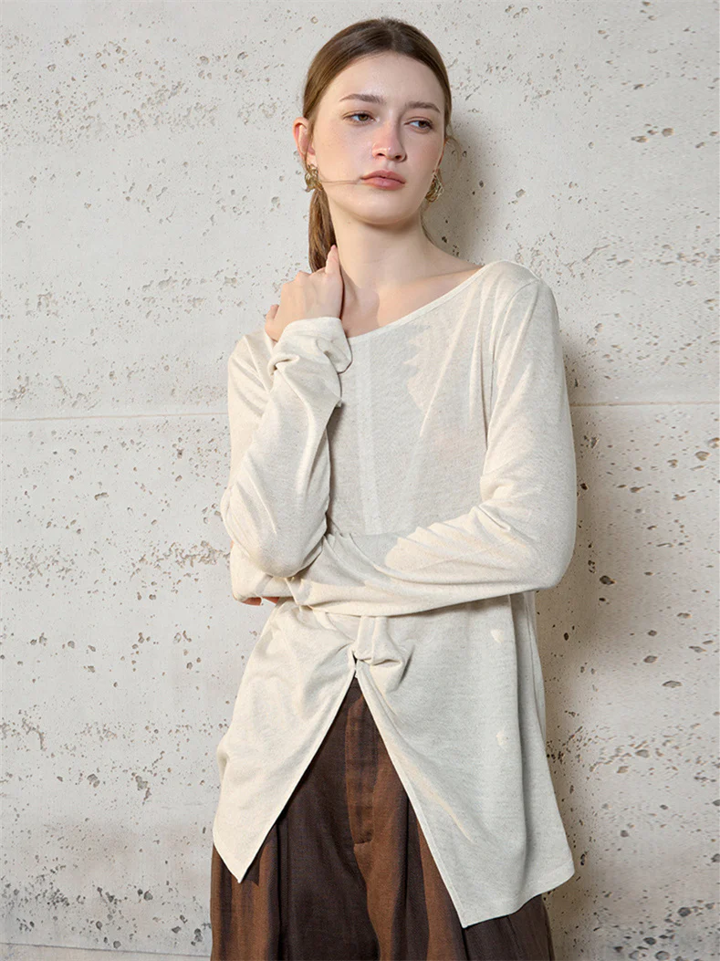 Linen Solid Color Long-sleeved Split Mesh See-through Top - Image 7