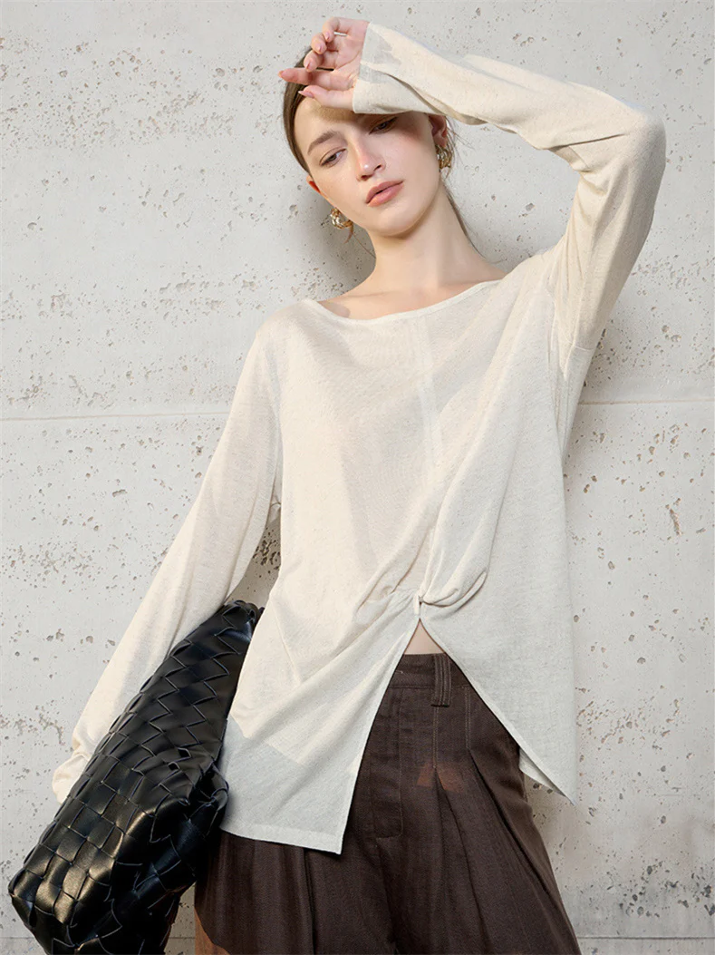 Linen Solid Color Long-sleeved Split Mesh See-through Top - Image 8