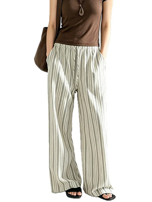 Breathable Linen Blend Retro Striped Floor-length Wide-leg Pants - Image 2