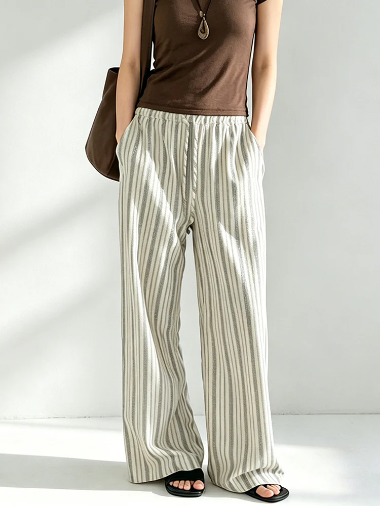 Breathable Linen Blend Retro Striped Floor-length Wide-leg Pants - Image 5