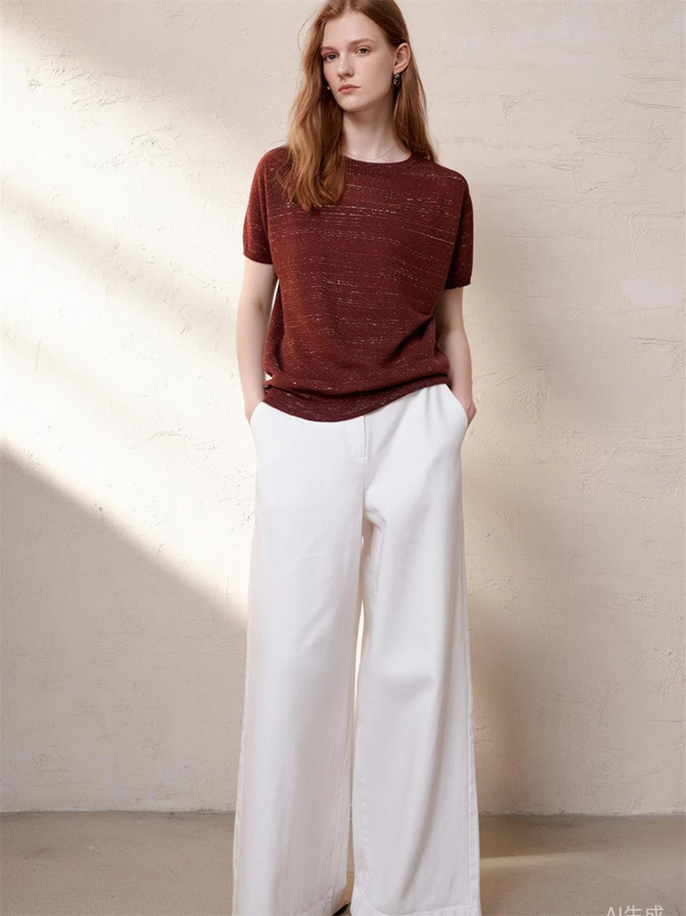 Simple Solid Color Three-quarter Sleeve Loose Blend Fabric T T-shirt - Image 7