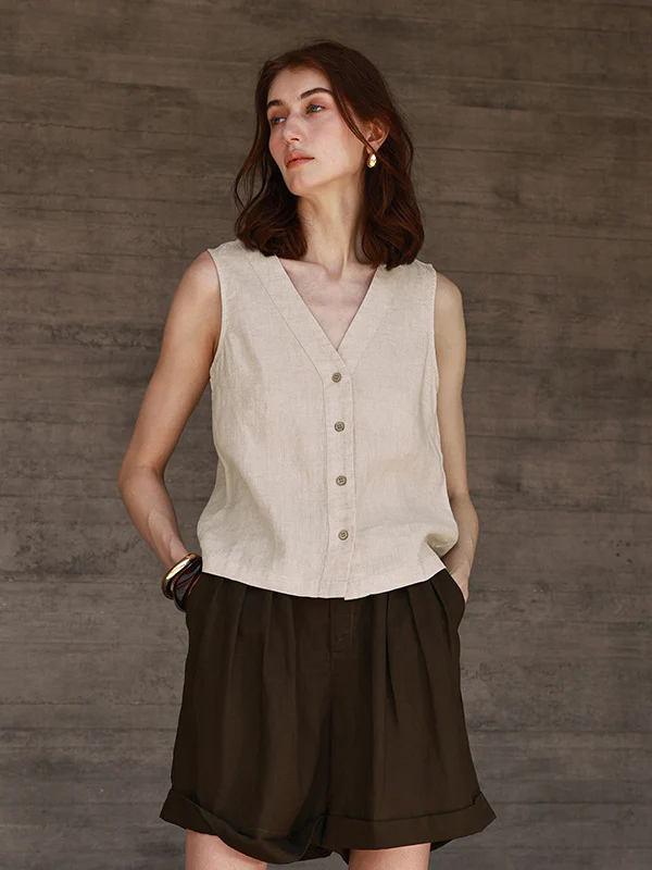 Solid Color Textured Linen Inner Vest - Image 12