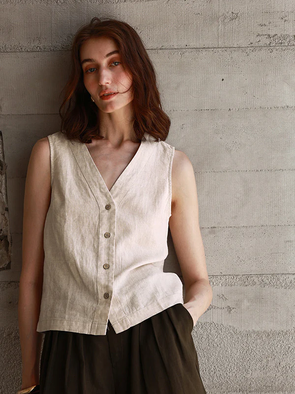 Solid Color Textured Linen Inner Vest - Image 13